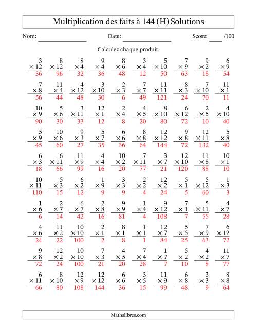Multiplication des faits à 144 (100 Questions) (Pas de zéros) (H) page 2
