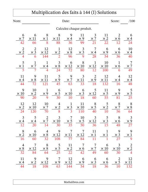 Multiplication des faits à 144 (100 Questions) (Pas de zéros) (I) page 2