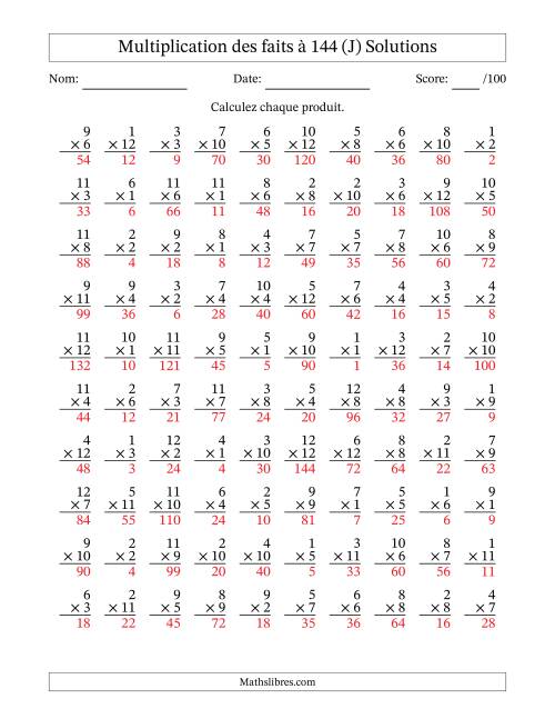 Multiplication des faits à 144 (100 Questions) (Pas de zéros) (J) page 2