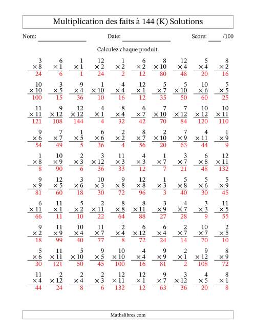 Multiplication des faits à 144 (100 Questions) (Pas de zéros) (K) page 2