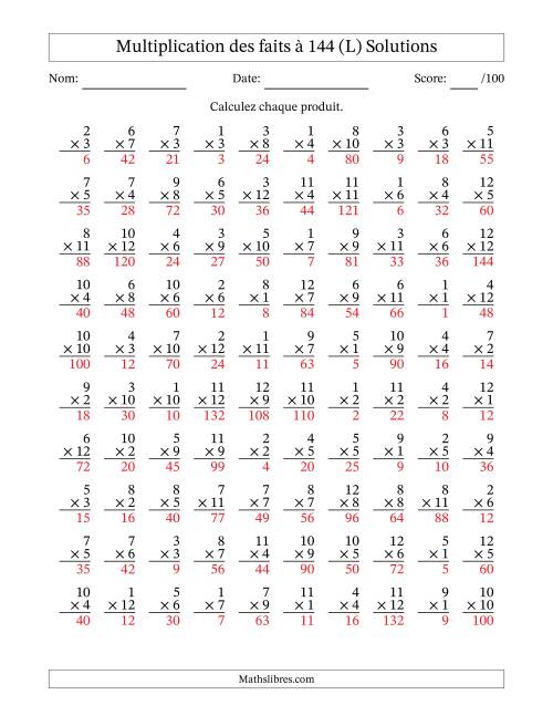 Multiplication des faits à 144 (100 Questions) (Pas de zéros) (L) page 2