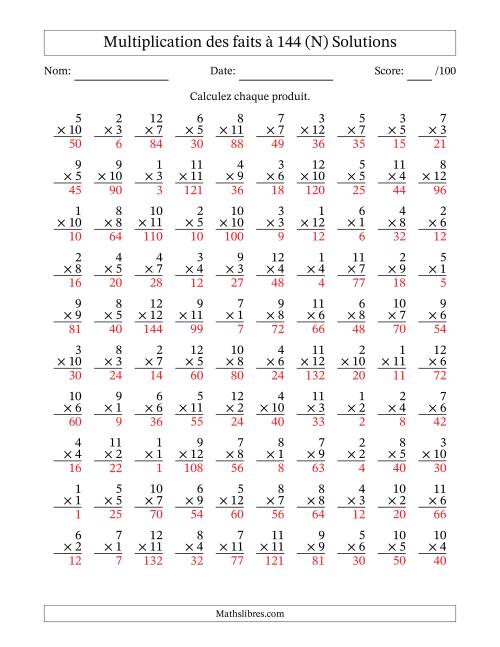 Multiplication des faits à 144 (100 Questions) (Pas de zéros) (N) page 2