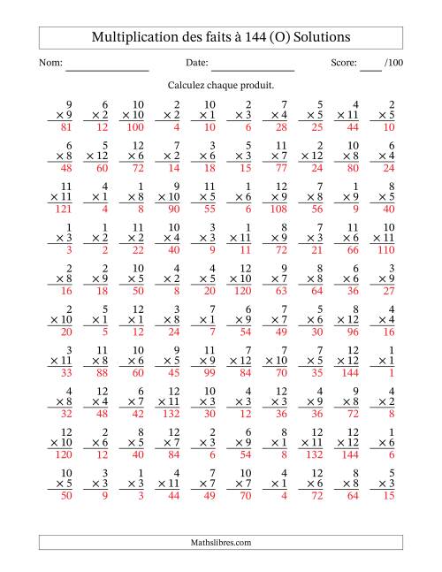 Multiplication des faits à 144 (100 Questions) (Pas de zéros) (O) page 2