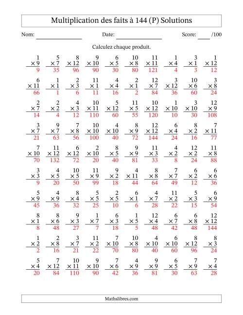 Multiplication des faits à 144 (100 Questions) (Pas de zéros) (P) page 2