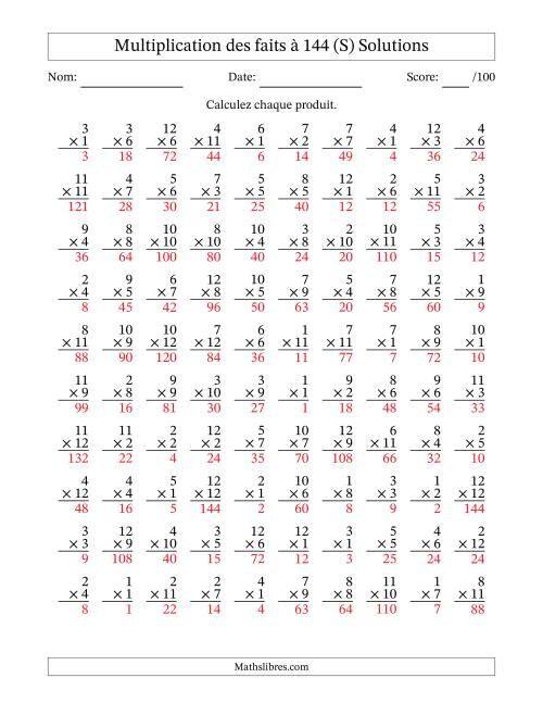 Multiplication des faits à 144 (100 Questions) (Pas de zéros) (S) page 2