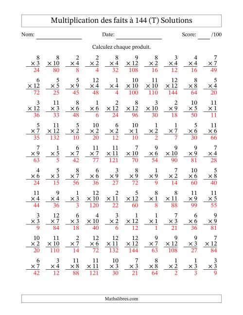 Multiplication des faits à 144 (100 Questions) (Pas de zéros) (T) page 2