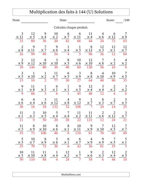 Multiplication des faits à 144 (100 Questions) (Pas de zéros) (U) page 2