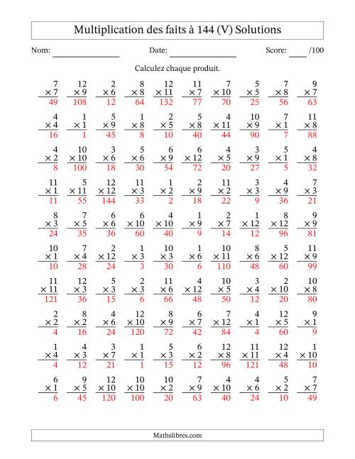 Multiplication des faits à 144 (100 Questions) (Pas de zéros) (V) page 2