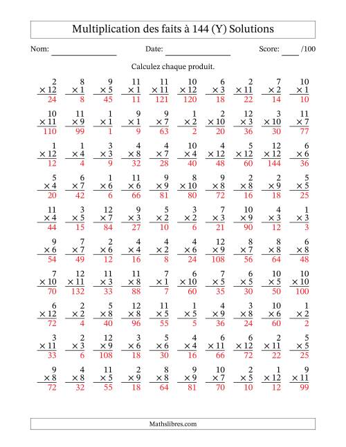 Multiplication des faits à 144 (100 Questions) (Pas de zéros) (Y) page 2