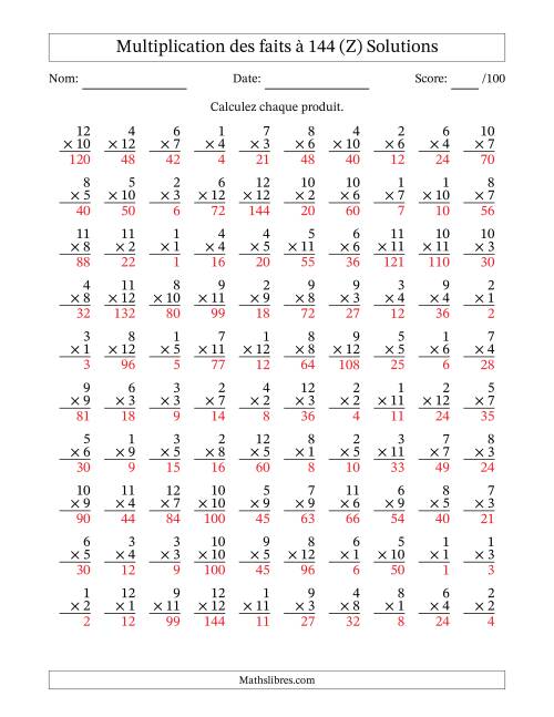 Multiplication des faits à 144 (100 Questions) (Pas de zéros) (Z) page 2