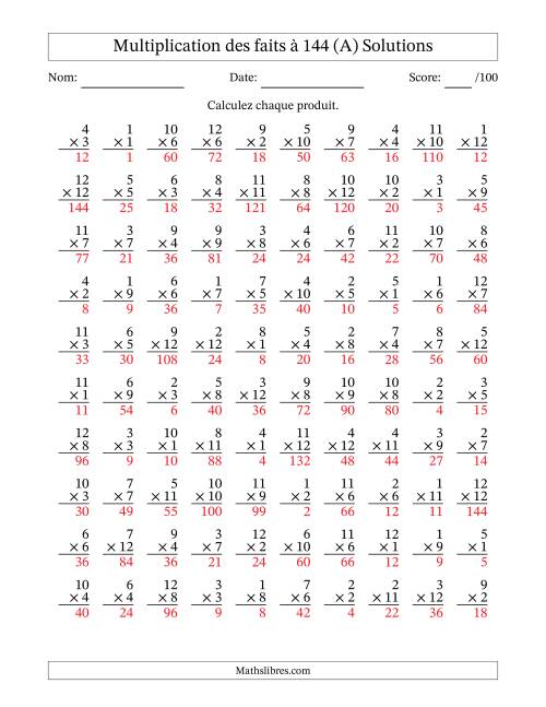 Multiplication des faits à 144 (100 Questions) (Pas de zéros) (Tout) page 2