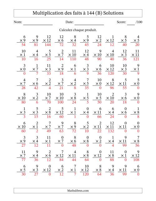 Multiplication des faits à 144 (100 Questions) (Avec zéros) (B) page 2