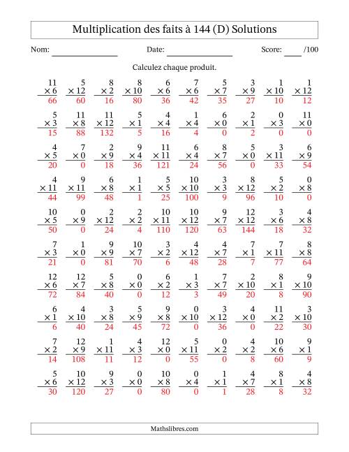 Multiplication des faits à 144 (100 Questions) (Avec zéros) (D) page 2