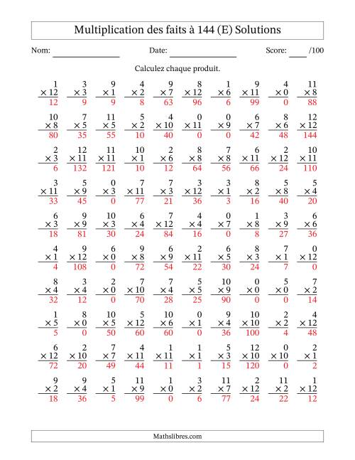 Multiplication des faits à 144 (100 Questions) (Avec zéros) (E) page 2