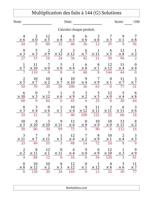 Multiplication des faits à 144 (100 Questions) (Avec zéros) (G) page 2
