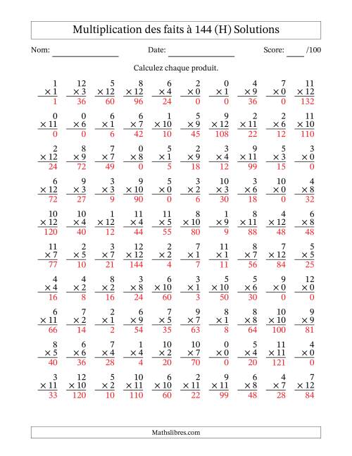 Multiplication des faits à 144 (100 Questions) (Avec zéros) (H) page 2