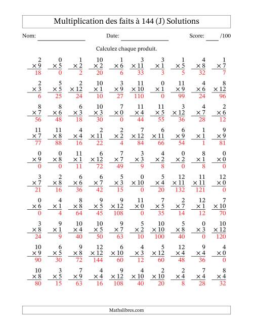 Multiplication des faits à 144 (100 Questions) (Avec zéros) (J) page 2