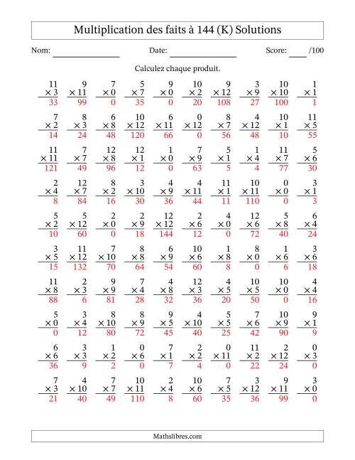 Multiplication des faits à 144 (100 Questions) (Avec zéros) (K) page 2