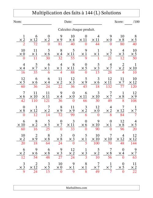 Multiplication des faits à 144 (100 Questions) (Avec zéros) (L) page 2