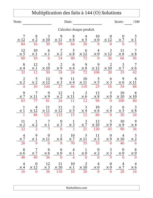Multiplication des faits à 144 (100 Questions) (Avec zéros) (O) page 2