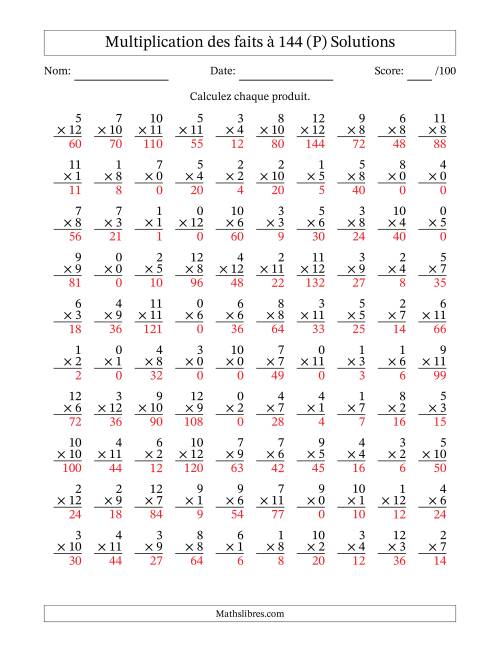 Multiplication des faits à 144 (100 Questions) (Avec zéros) (P) page 2