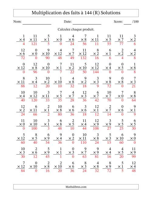 Multiplication des faits à 144 (100 Questions) (Avec zéros) (R) page 2