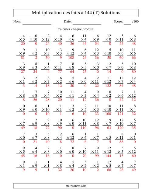 Multiplication des faits à 144 (100 Questions) (Avec zéros) (T) page 2