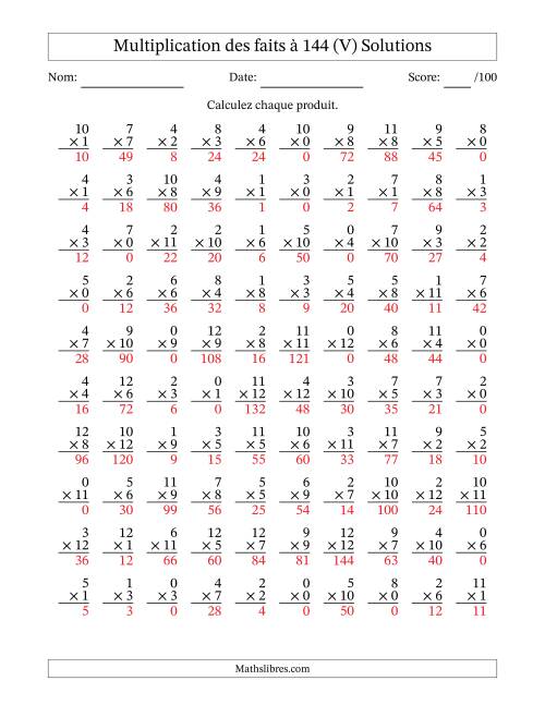 Multiplication des faits à 144 (100 Questions) (Avec zéros) (V) page 2