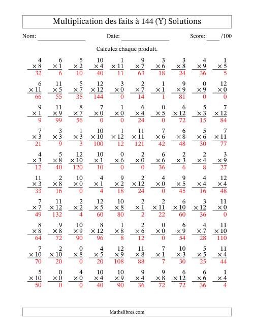 Multiplication des faits à 144 (100 Questions) (Avec zéros) (Y) page 2