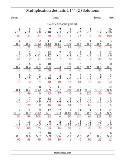 Multiplication des faits à 144 (100 Questions) (Avec zéros) (Z) page 2