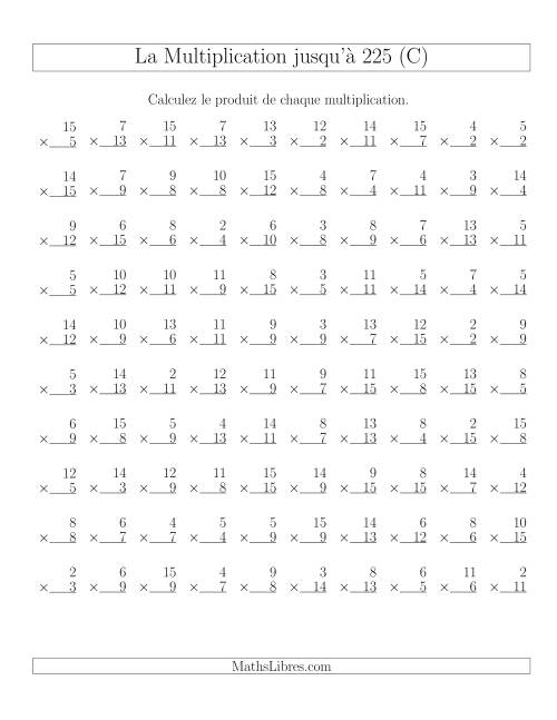 Règles de Multiplication Jusqu'à 225 (C)