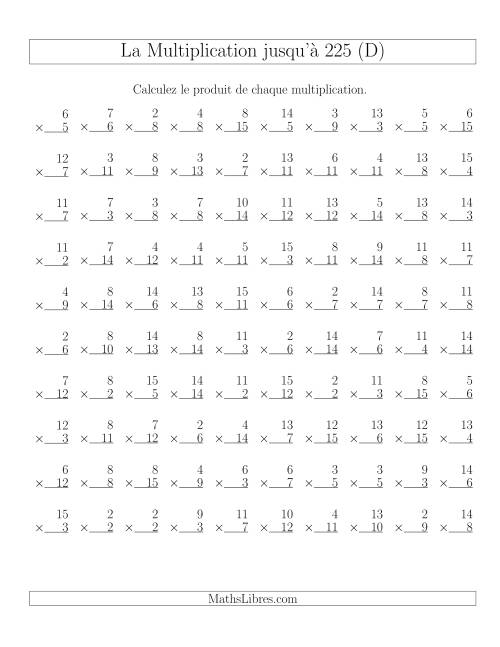 Règles de Multiplication Jusqu'à 225 (D)