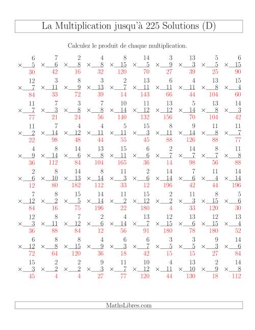 Règles de Multiplication Jusqu'à 225 (D) page 2