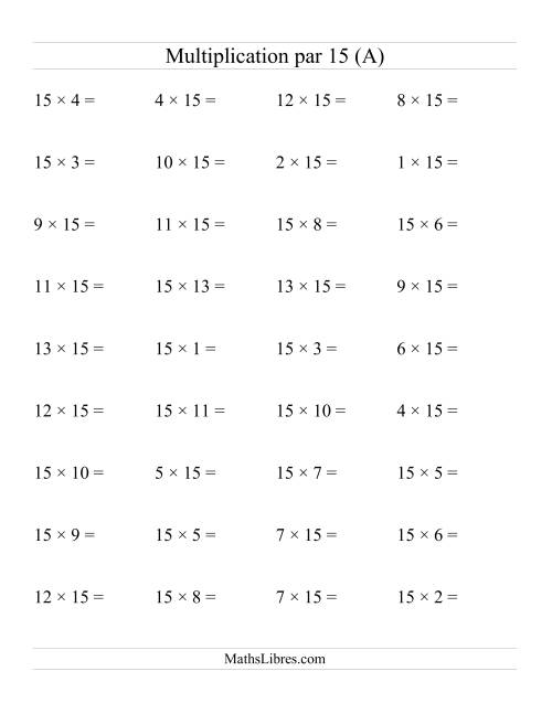 Multiplication par 15 (Jusqu'à 225) (A)