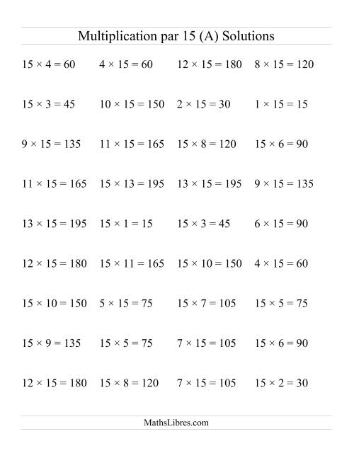 Multiplication par 15 (Jusqu'à 225) page 2