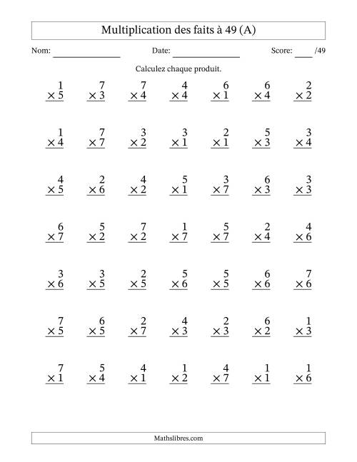 Multiplication des faits à 49 (49 Questions) (Pas de Zeros) (A)