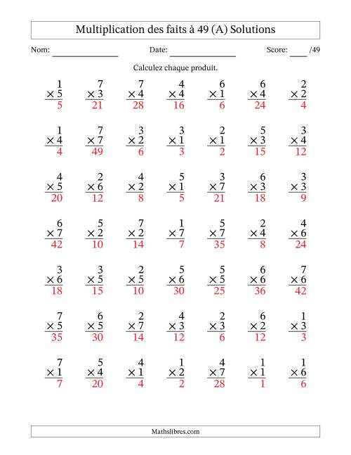 Multiplication des faits à 49 (49 Questions) (Pas de Zeros) (A) page 2