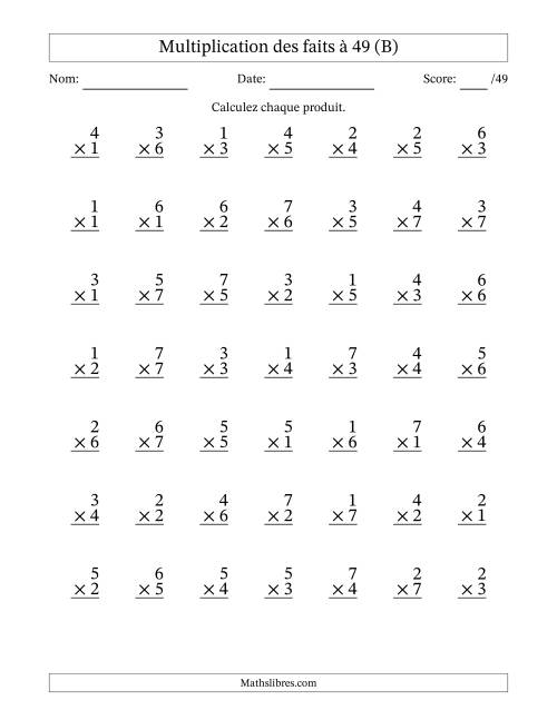 Multiplication des faits à 49 (49 Questions) (Pas de Zeros) (B)