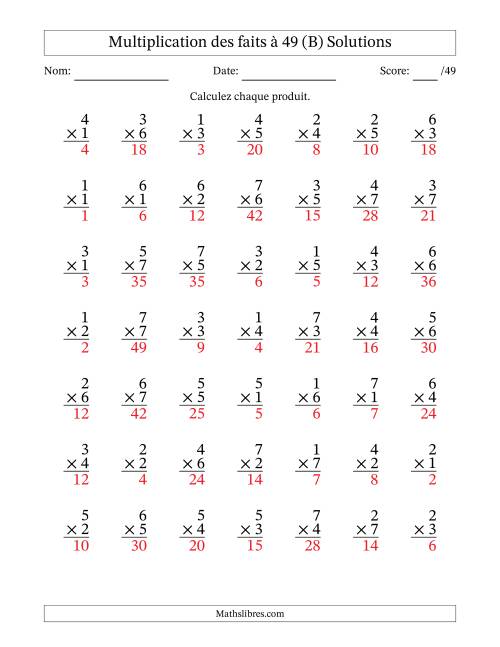 Multiplication des faits à 49 (49 Questions) (Pas de Zeros) (B) page 2