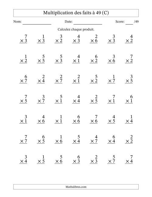 Multiplication des faits à 49 (49 Questions) (Pas de Zeros) (C)
