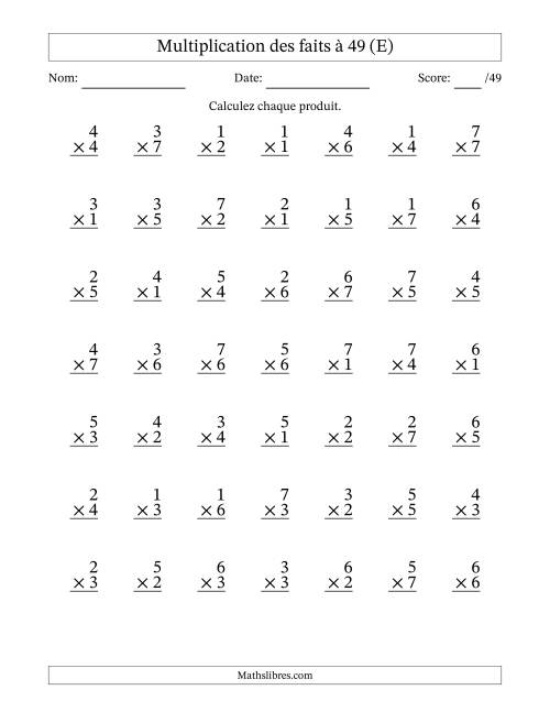 Multiplication des faits à 49 (49 Questions) (Pas de Zeros) (E)