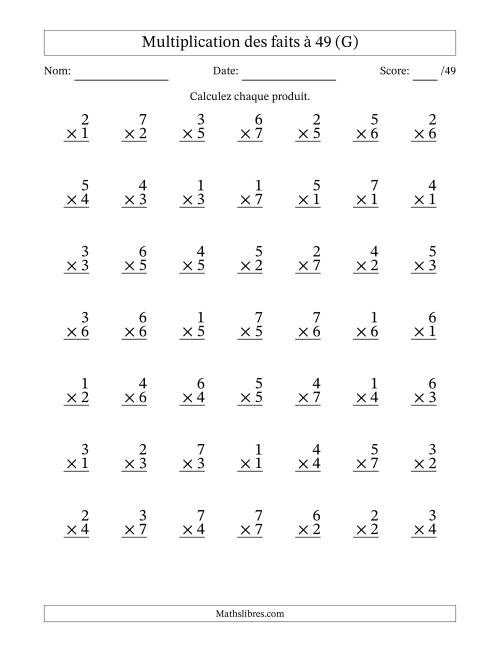 Multiplication des faits à 49 (49 Questions) (Pas de Zeros) (G)