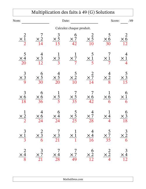 Multiplication des faits à 49 (49 Questions) (Pas de Zeros) (G) page 2