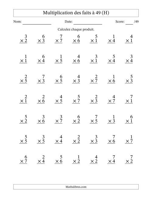 Multiplication des faits à 49 (49 Questions) (Pas de Zeros) (H)