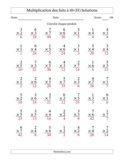 Multiplication des faits à 49 (49 Questions) (Pas de Zeros) (H) page 2