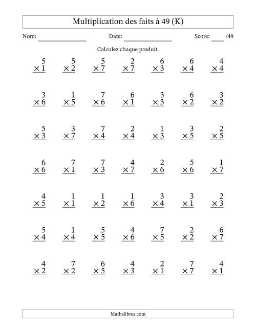 Multiplication des faits à 49 (49 Questions) (Pas de Zeros) (K)