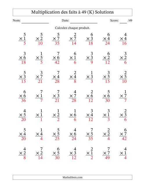 Multiplication des faits à 49 (49 Questions) (Pas de Zeros) (K) page 2