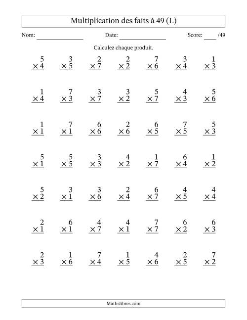Multiplication des faits à 49 (49 Questions) (Pas de Zeros) (L)