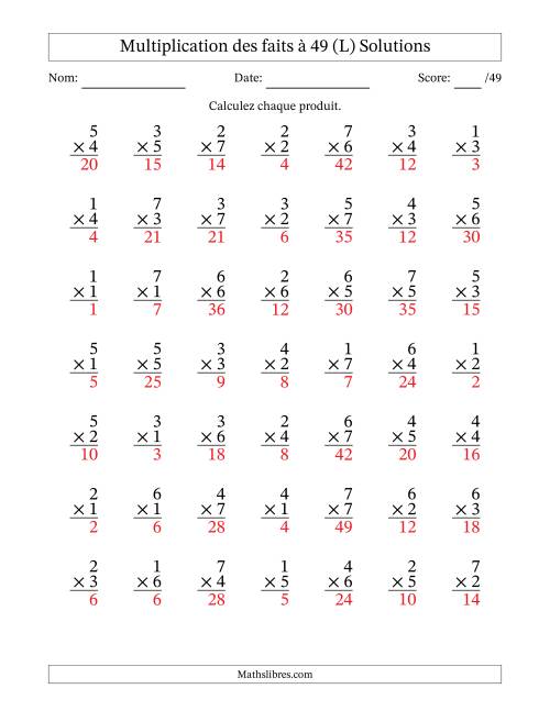 Multiplication des faits à 49 (49 Questions) (Pas de Zeros) (L) page 2