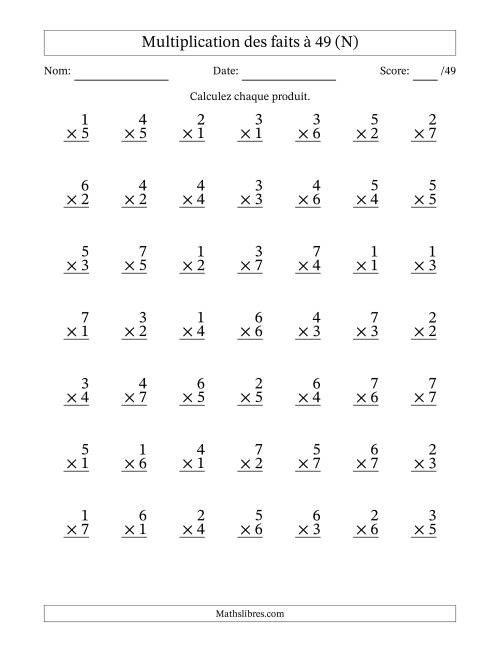 Multiplication des faits à 49 (49 Questions) (Pas de Zeros) (N)